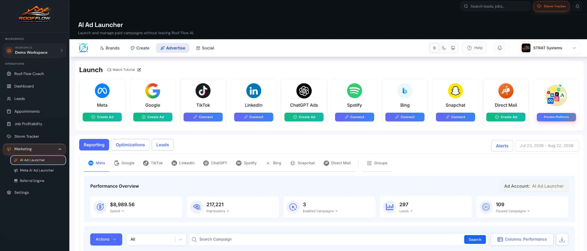 AI Ad Launcher inside the CRM running campaigns across Meta, Google, TikTok and more