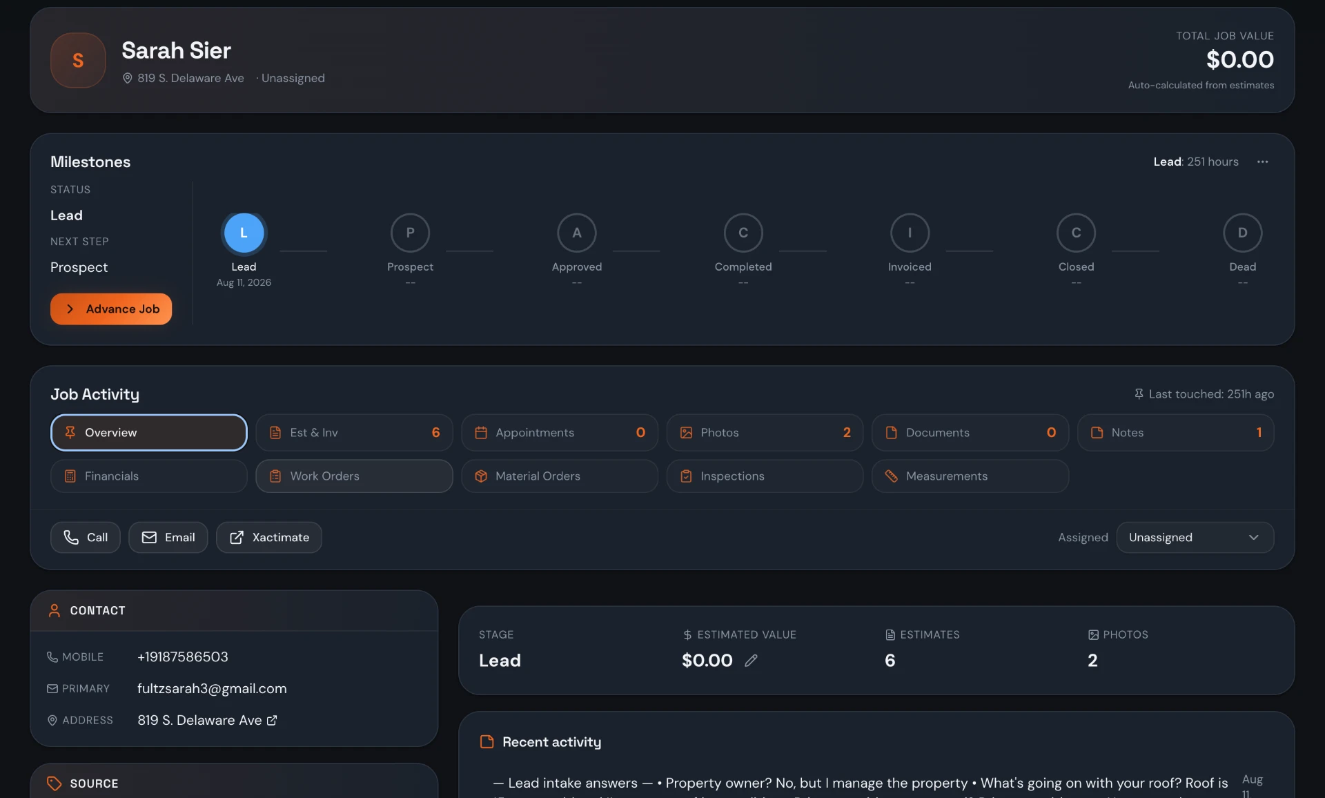 Roof Flow AI lead page with milestones, estimates, work orders and job activity tabs